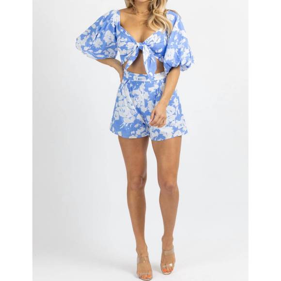 NEW LUXXEL floral puff sleeve romper in bright blue - Picture 3 of 7